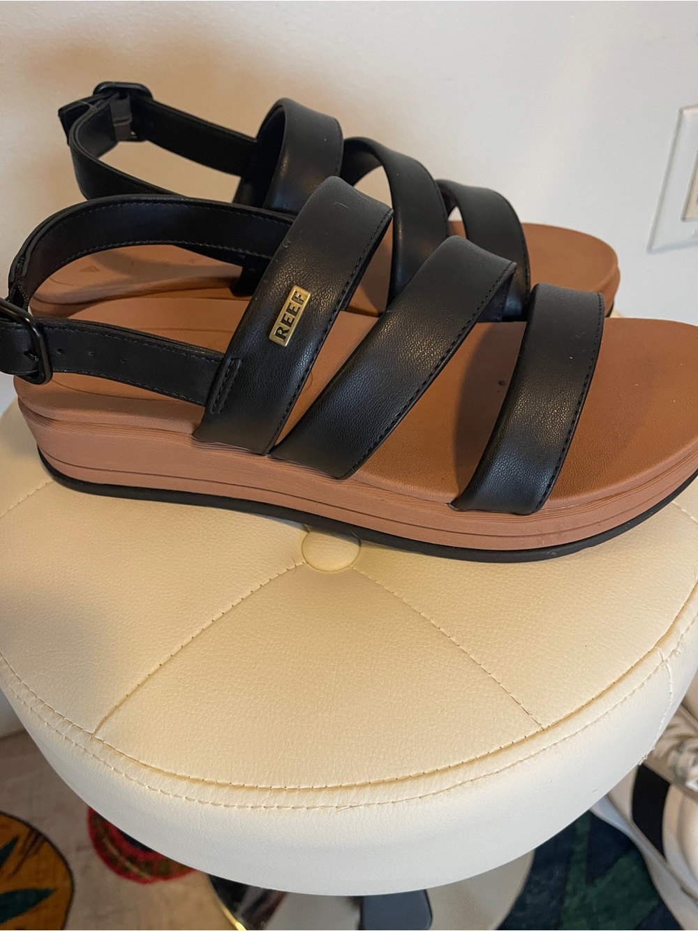 Reef Women’s Black Strappy Platform Sandals with Tan Footbed